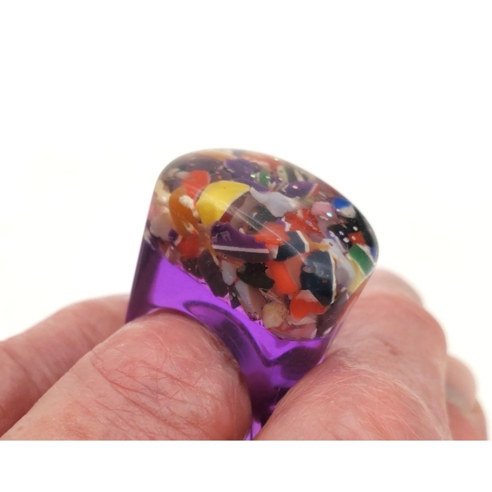 Chunky Purple Resin Ring Confetti Terrazzo Inclusion Clear Acrylic Statement Sz7